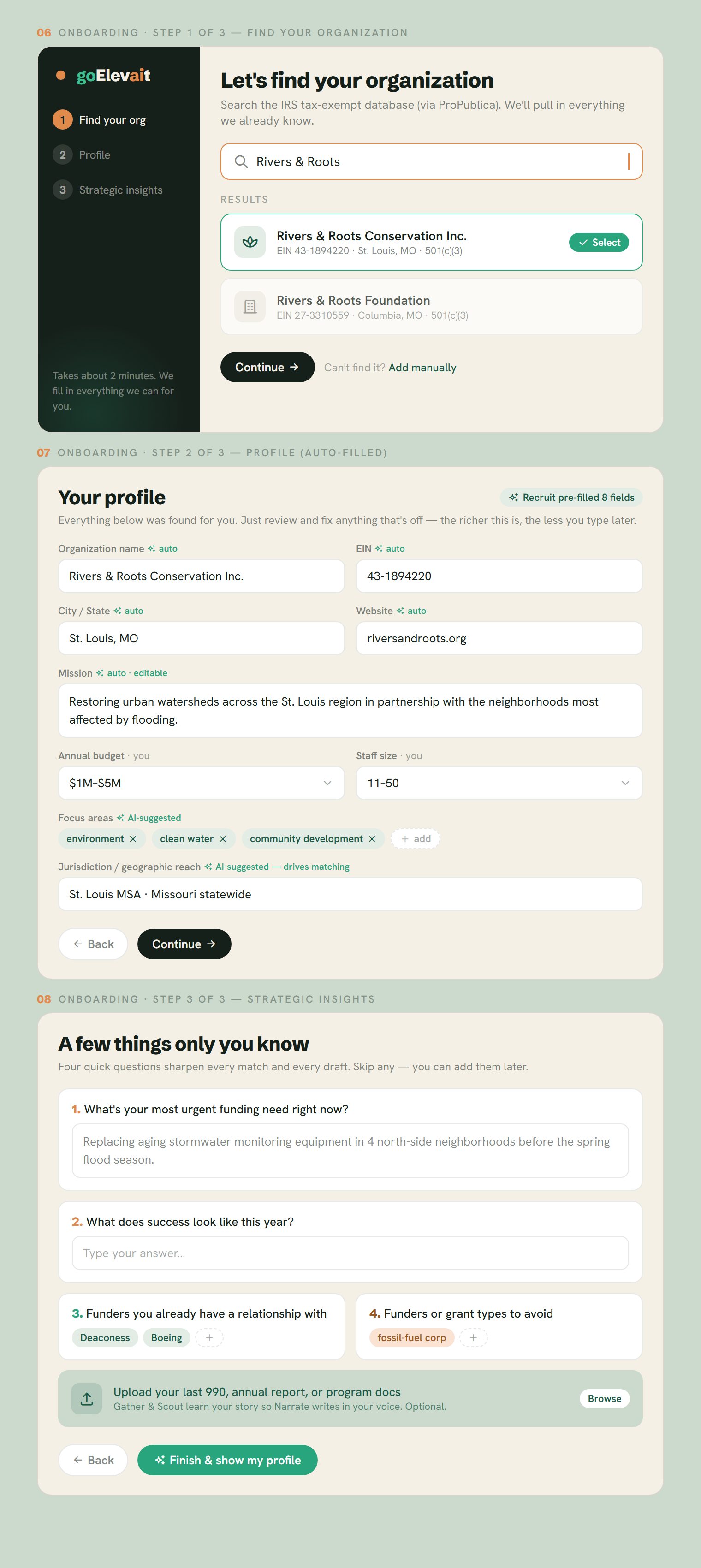 goElevait three-step onboarding: org lookup, auto-filled profile, strategic insights
